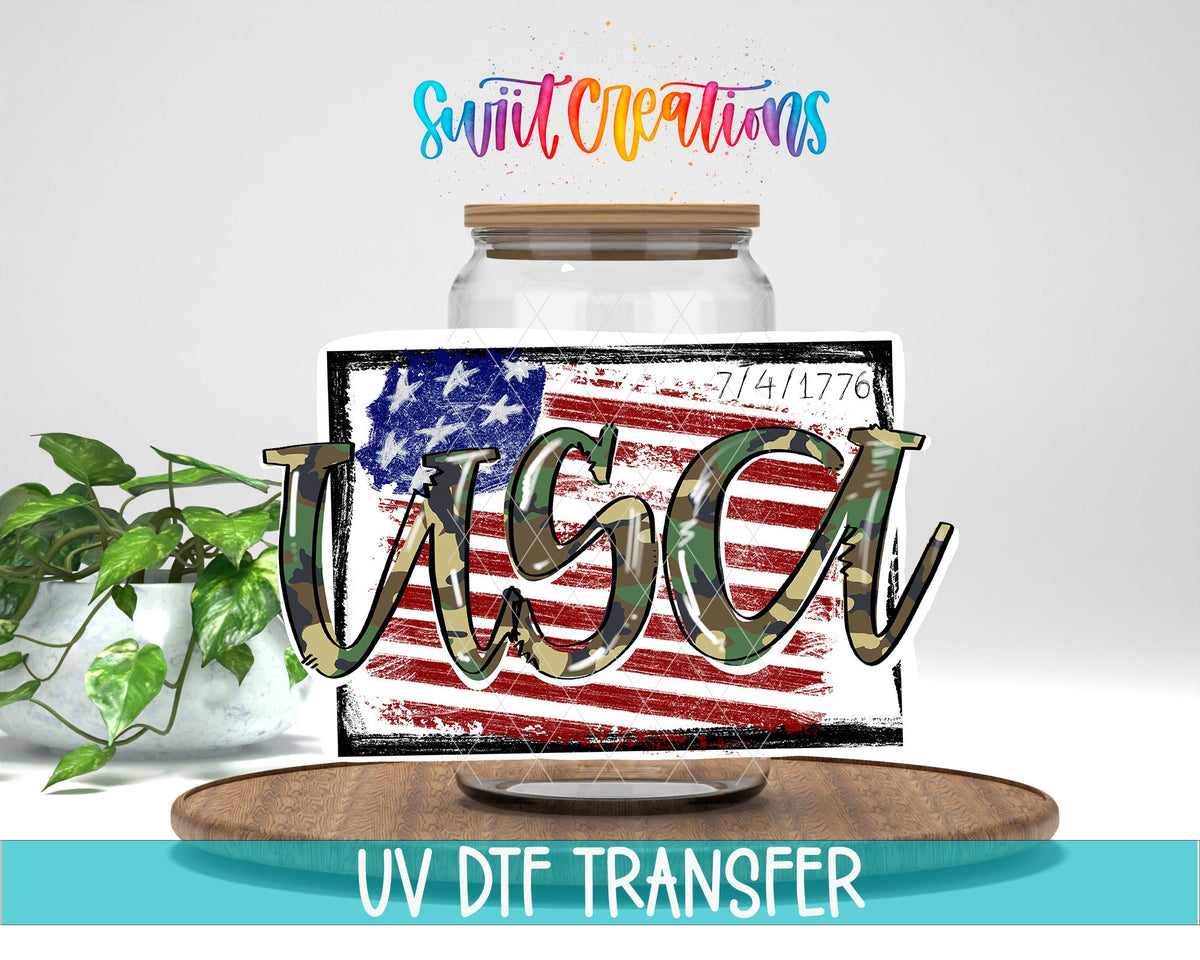 Swiit Creations Camo USA 1776 Flag UV DTF transfer displayed on a clear glass jar mockup