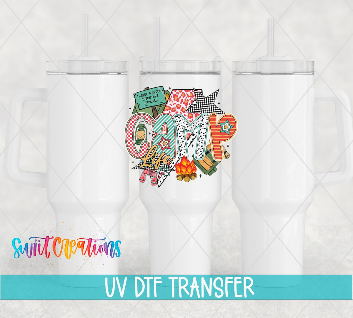 Camp Life Adventure Camping UV DTF transfer applied to a white tumbler set from Swiit Creations