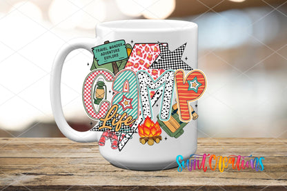 Camp Life Adventure Camping UV DTF transfer displayed on a white ceramic mug from Swiit Creations