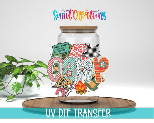 Camp Life Adventure Camping UV DTF transfer displayed on a clear jar mockup from Swiit Creations