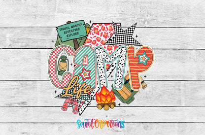 Camp Life Adventure Camping UV DTF transfer shown as a full artwork preview from Swiit Creations