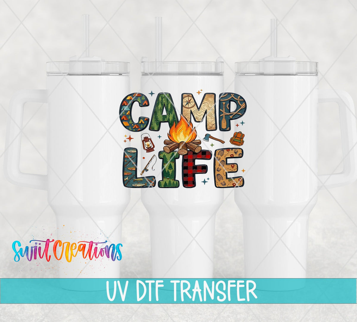 Camp Life UV DTF transfer applied to a white tumbler set from Swiit Creations