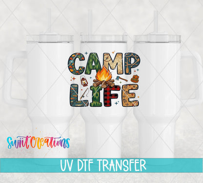 Camp Life UV DTF transfer applied to a white tumbler set from Swiit Creations
