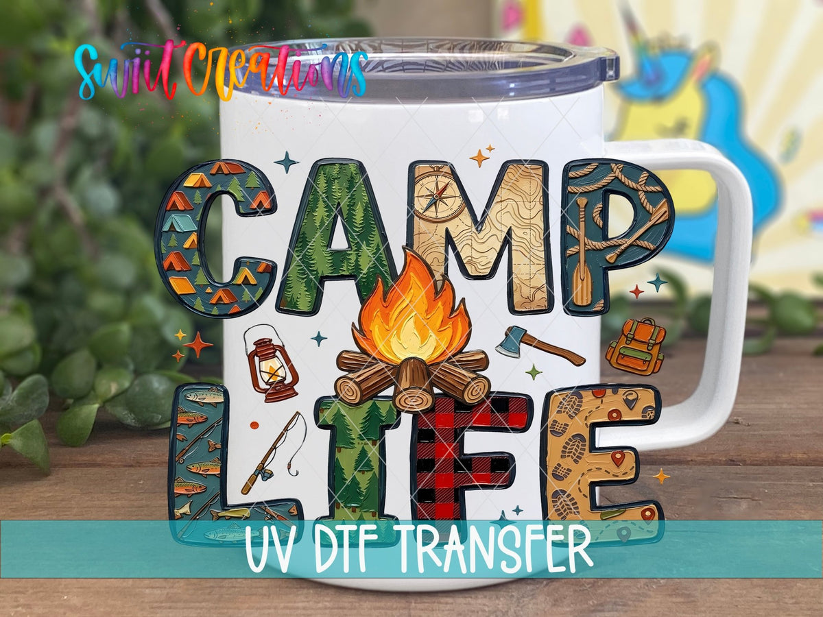Camp Life UV DTF transfer displayed on a white coffee mug from Swiit Creations