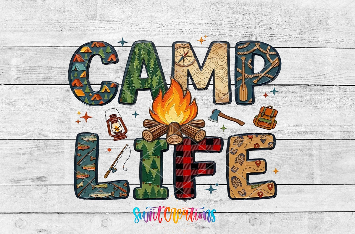 Camp Life UV DTF transfer shown as a full artwork preview from Swiit Creations