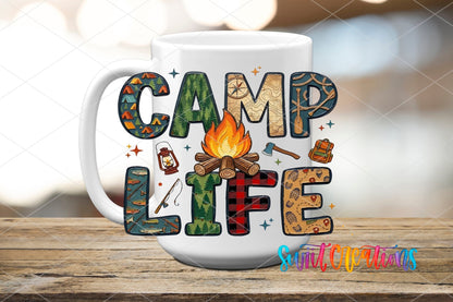 Camp Life UV DTF transfer displayed on a white ceramic mug from Swiit Creations