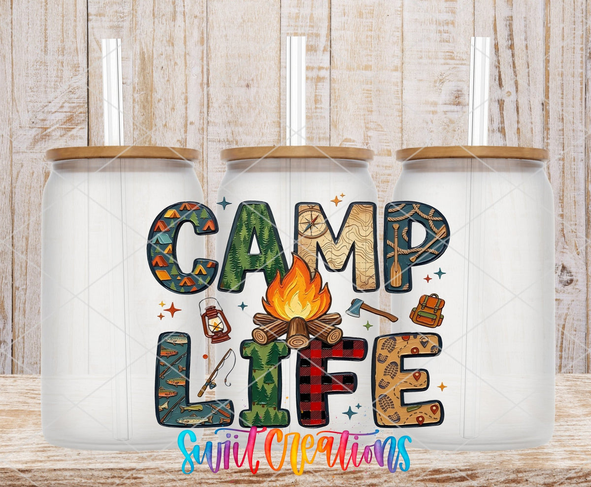 Camp Life UV DTF transfer applied to a clear glass can set from Swiit Creations