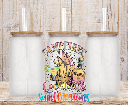 Campfires and Cocktails UV DTF transfer applied to a clear glass can set from Swiit Creations