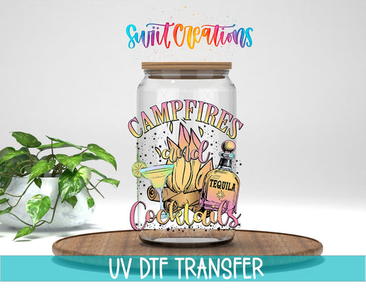 Campfires and Cocktails UV DTF transfer displayed on a clear jar mockup from Swiit Creations