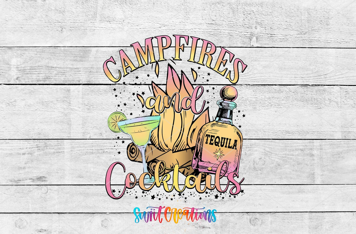 Campfires and Cocktails UV DTF transfer shown as a full artwork preview from Swiit Creations