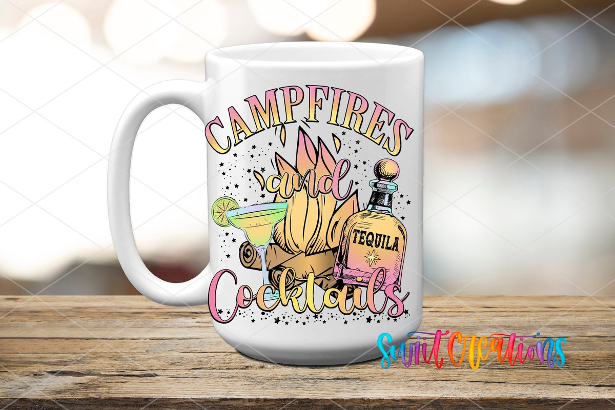 Campfires and Cocktails UV DTF transfer displayed on a white ceramic mug from Swiit Creations