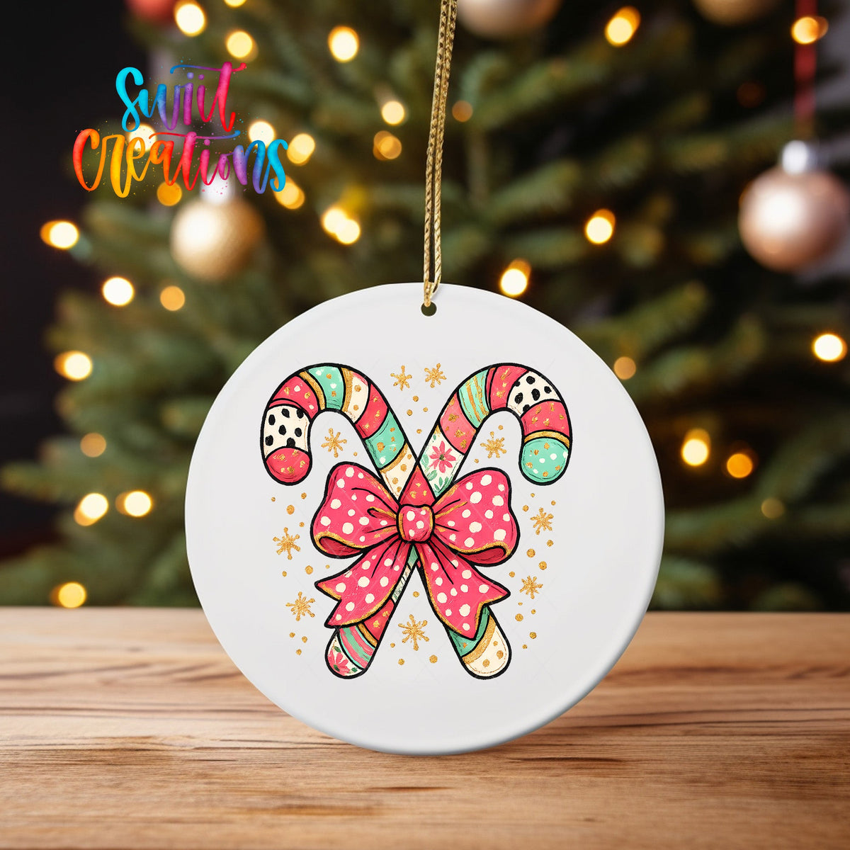 Candy Cane Bow UV DTF Ornament Transfer | Pastel Christmas Transfer | O-1726 - Swiit Creations