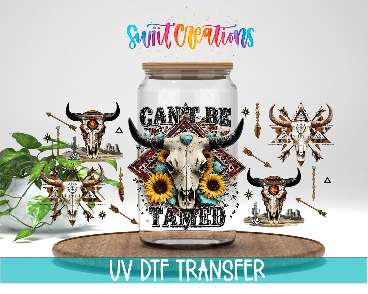 Cant Be Tamed Western UV DTF Transfer Tumbler Wrap | Boho Bull Skull Sunflower Tumbler Design | DTF283 - Swiit Creations