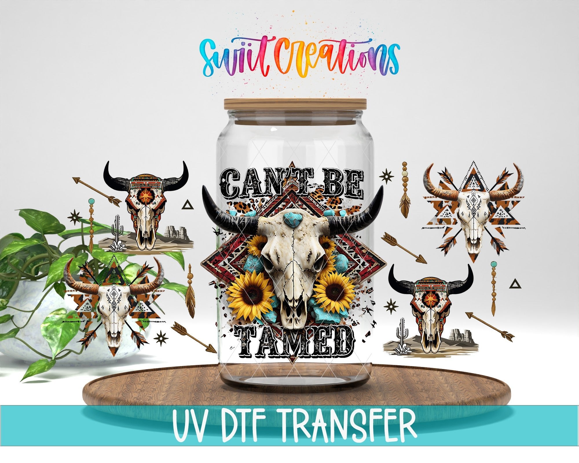 Cant Be Tamed Western UV DTF Transfer Tumbler Wrap | Boho Bull Skull Sunflower Tumbler Design | DTF283 - Swiit Creations