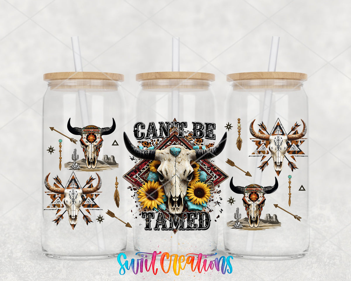 Cant Be Tamed Western UV DTF Transfer Tumbler Wrap | Boho Bull Skull Sunflower Tumbler Design | DTF283 - Swiit Creations