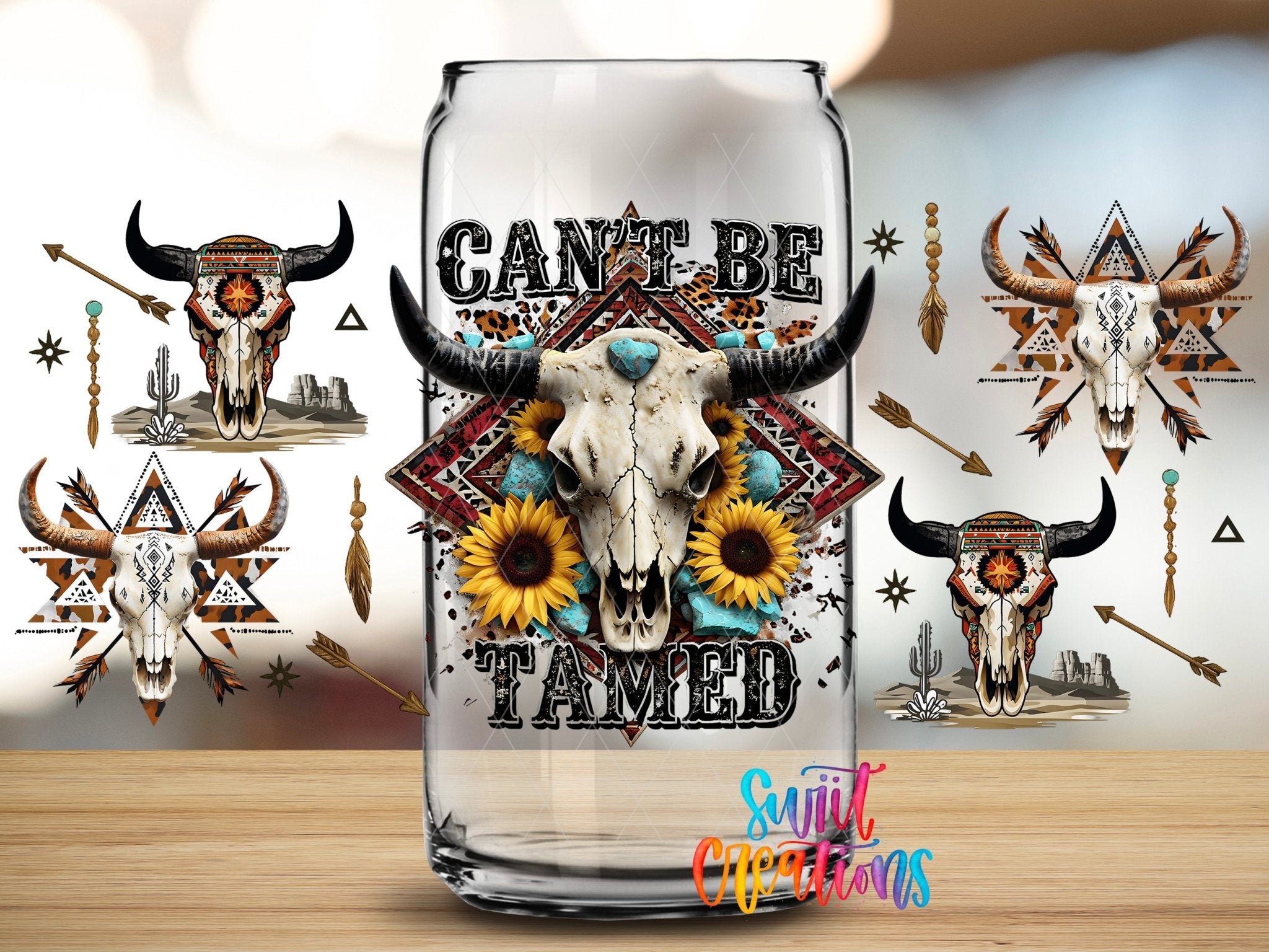 Cant Be Tamed Western UV DTF Transfer Tumbler Wrap | Boho Bull Skull Sunflower Tumbler Design | DTF283 - Swiit Creations