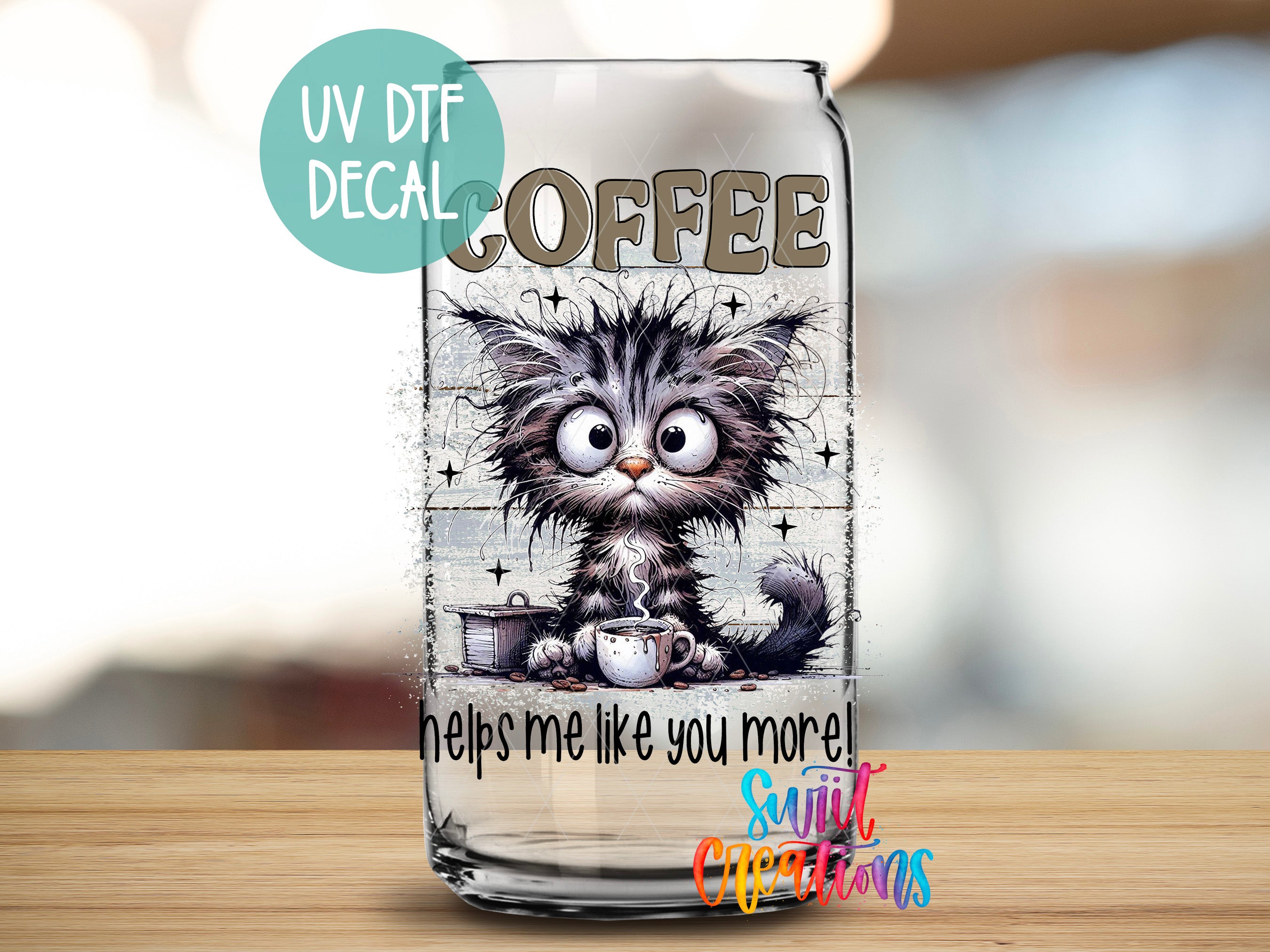 a glass with a picture of a cat on it