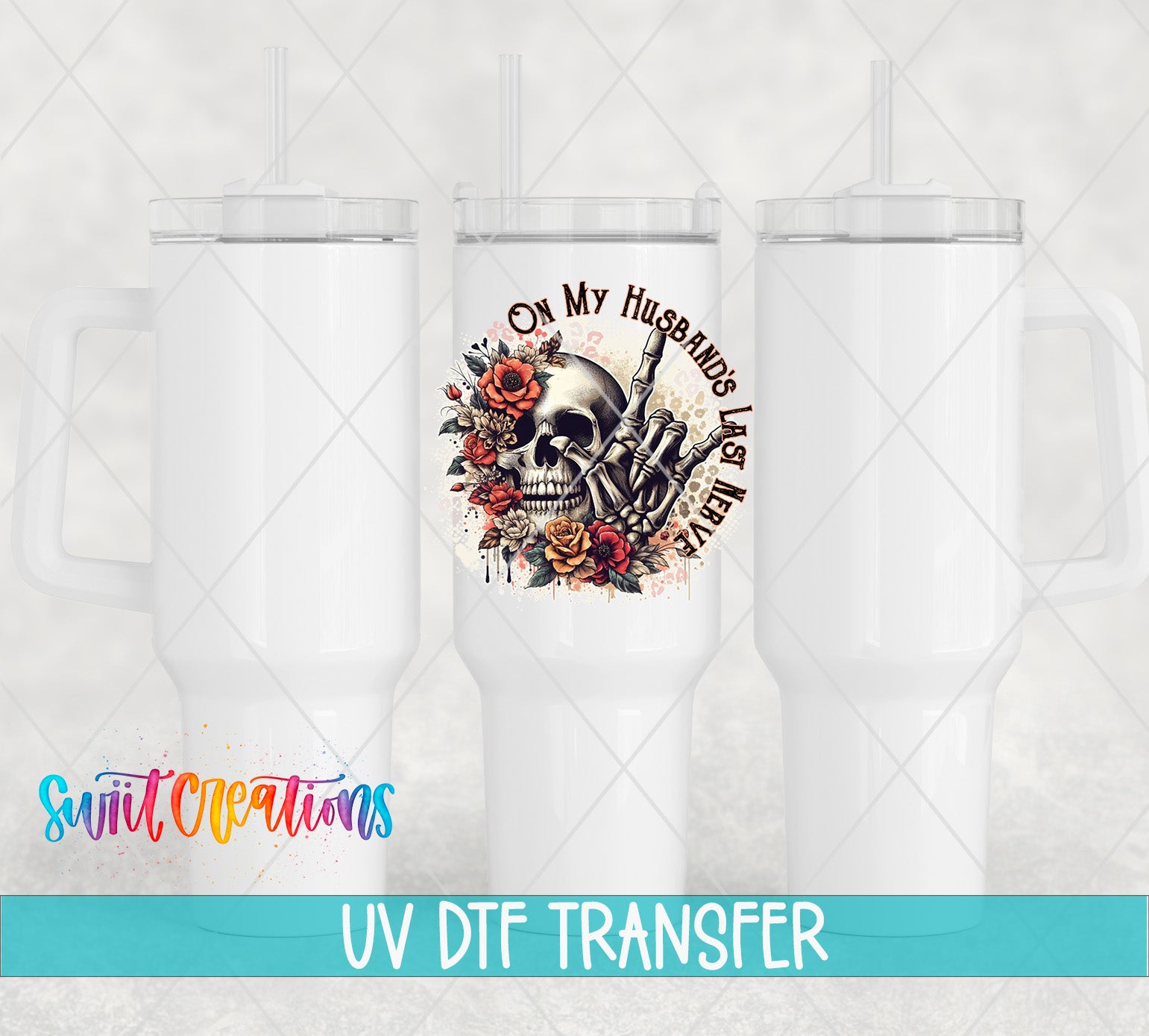 three white tumblers with a skull design and floral elements.