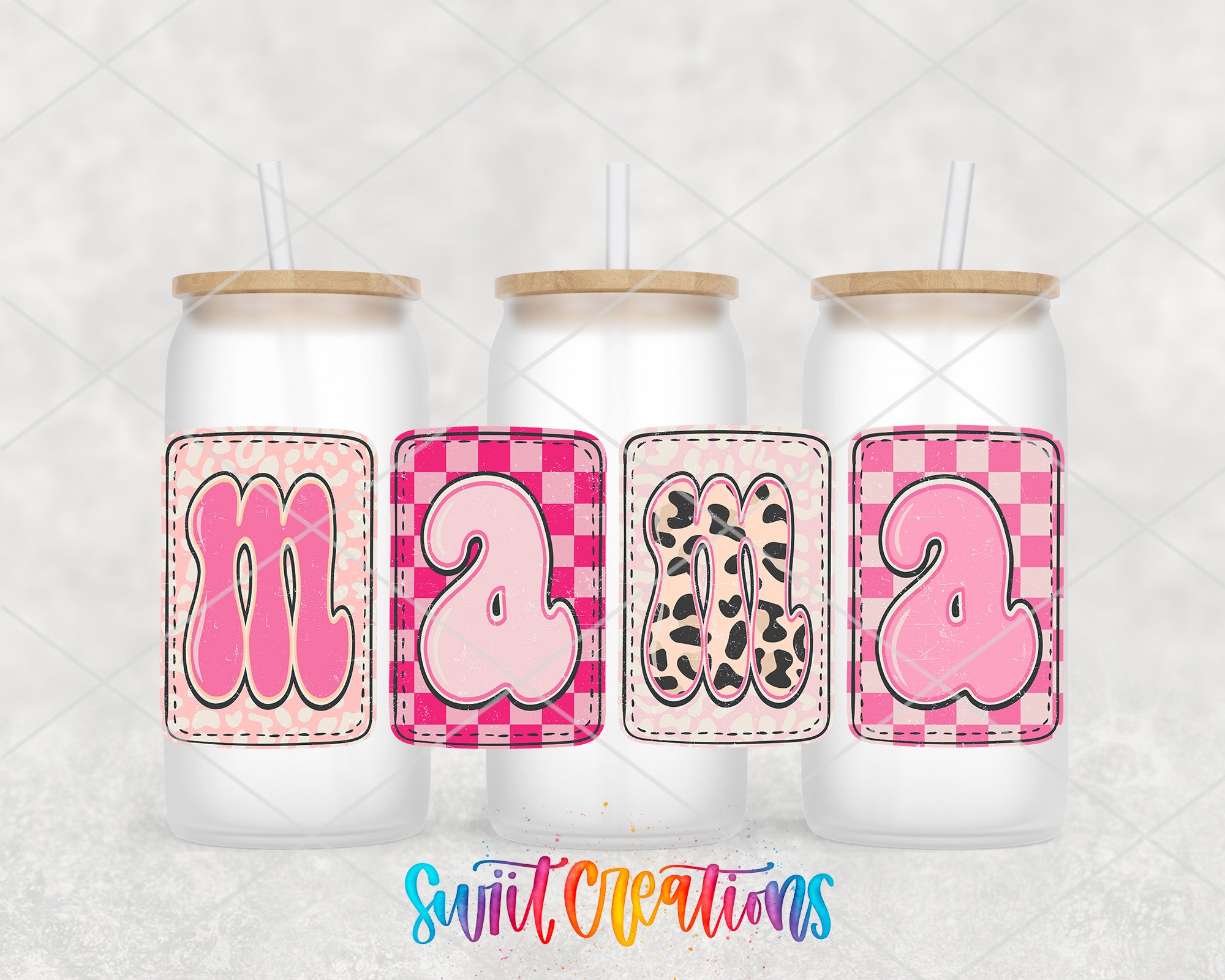 Three frosted glass beverage cans with the word "Mama" written on them in a checkered pattern, each with a straw.