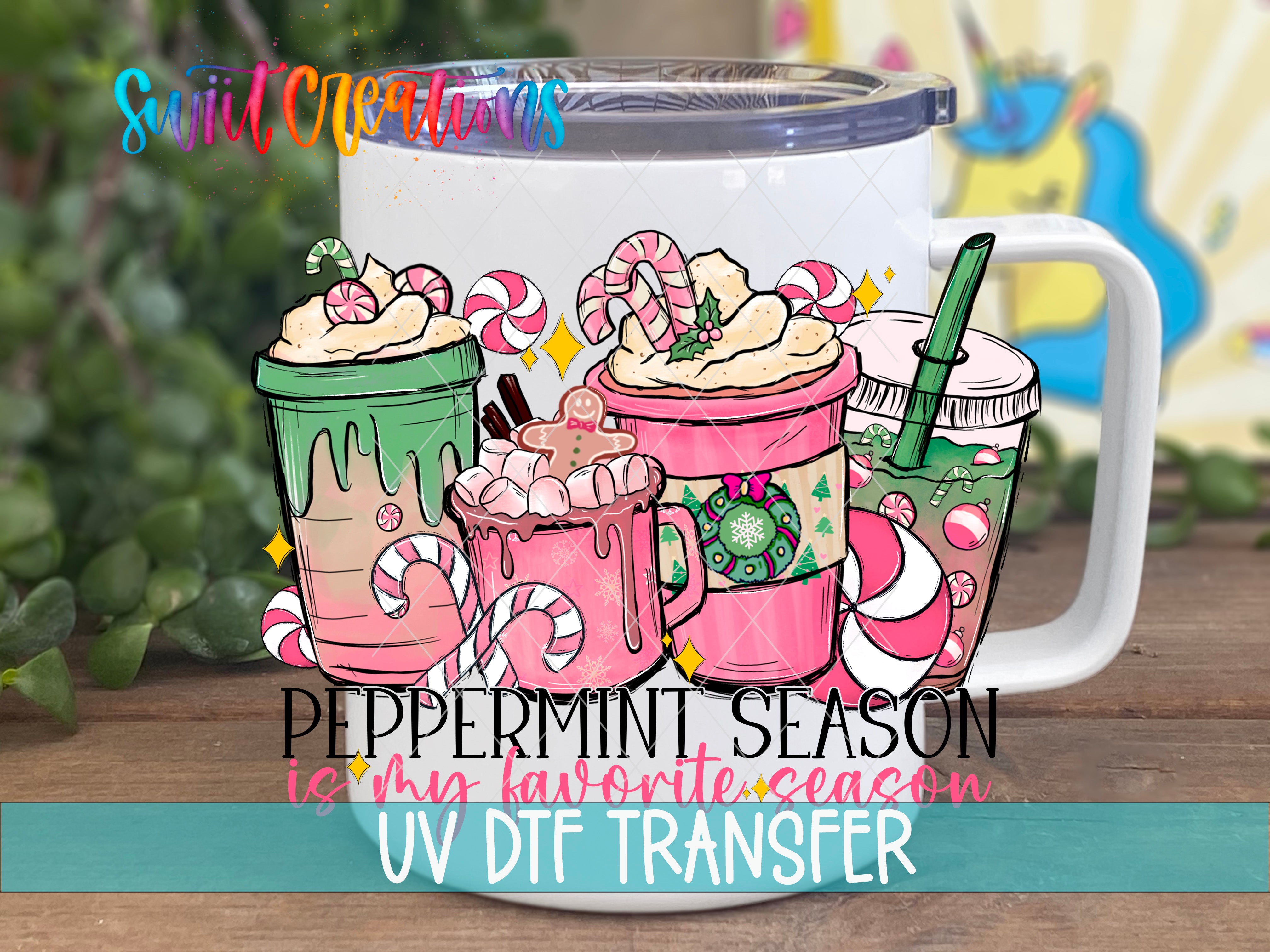 A mug with a colorful illustration of peppermint-themed drinks, including hot chocolate, peppermint tea, and iced coffee, along with candy canes and other festive decorations.