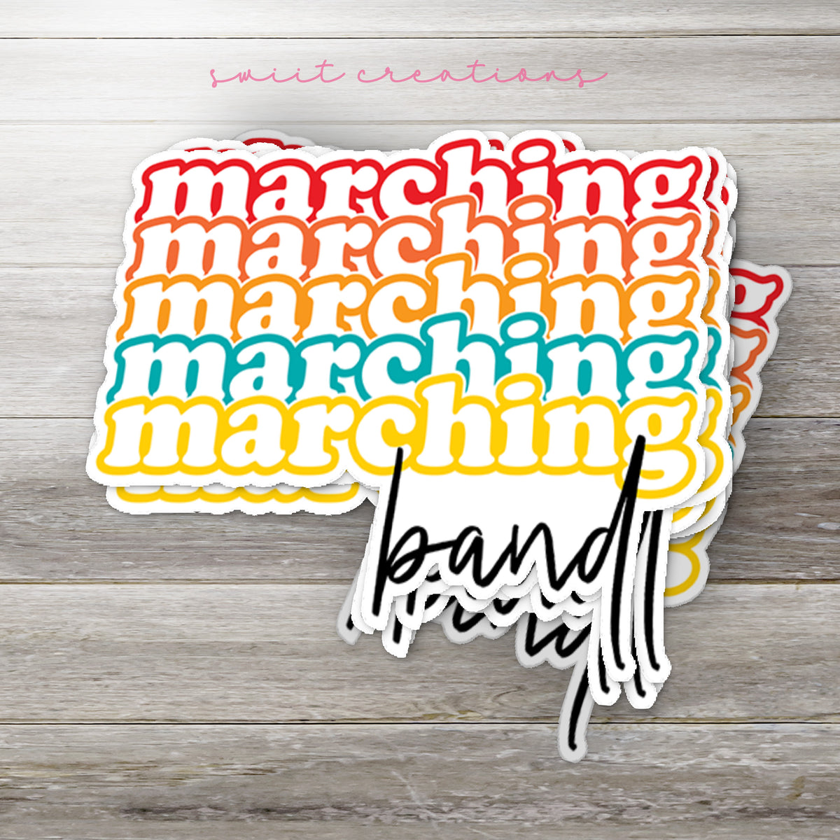 a sticker with the words marching on it