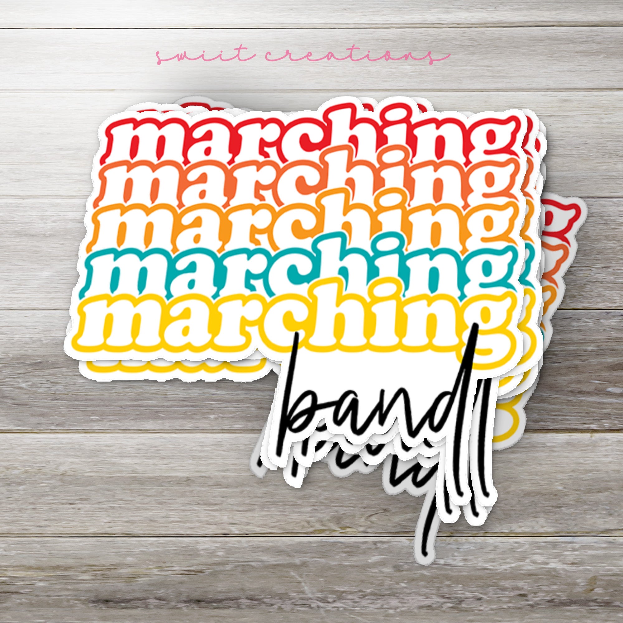 a sticker with the words marching on it