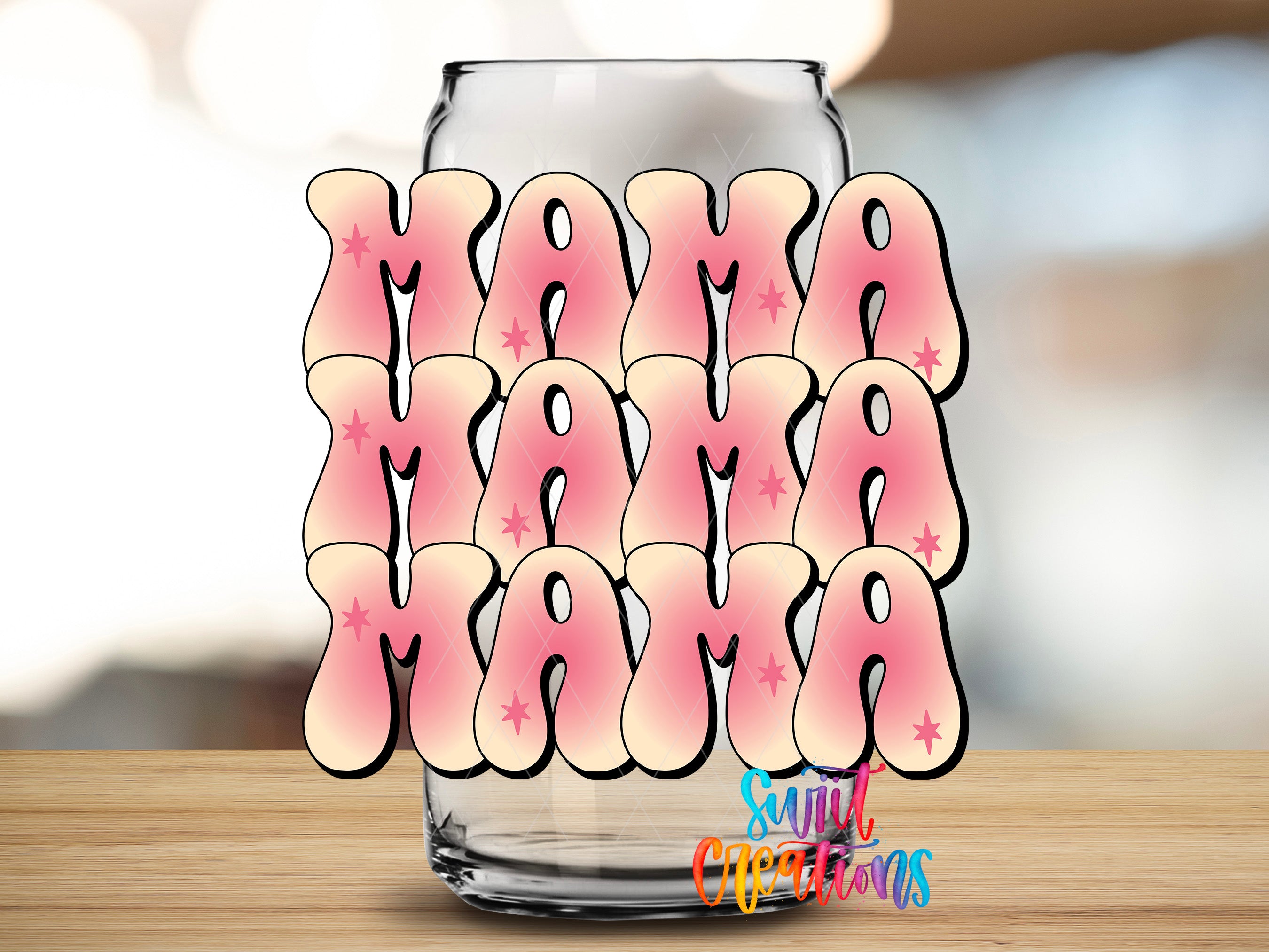a glass jar with the text "Mama Mama Mama" written on it in a stylized, colorful font.