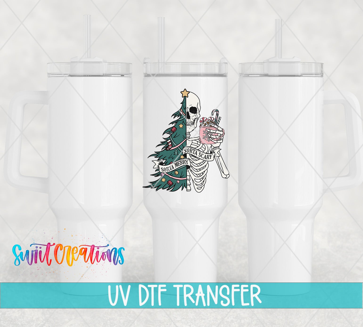 three white tumblers with a skull and Christmas tree design on them.