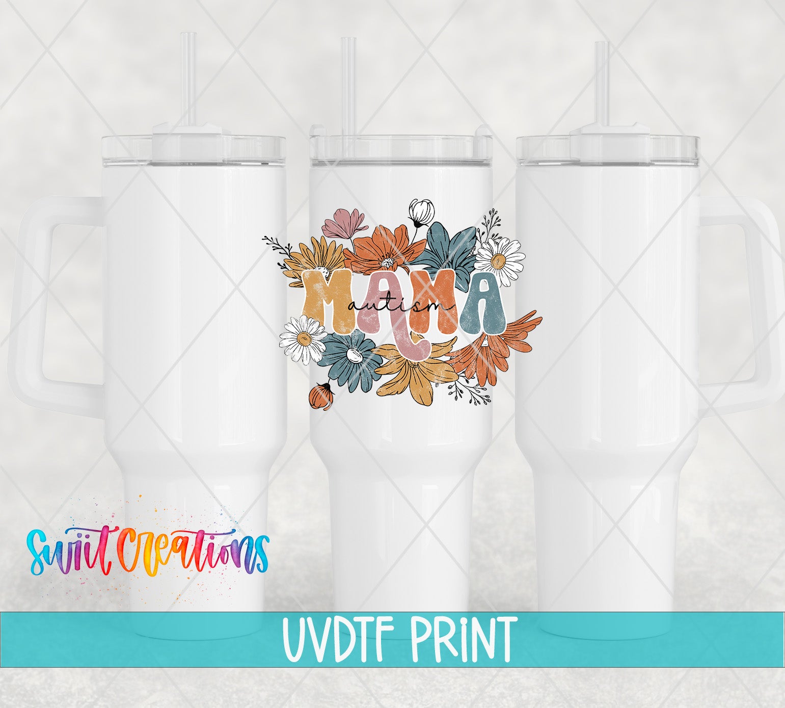 three white tumblers with a floral design on the front, and the text "Mama" is printed on the tumbler.