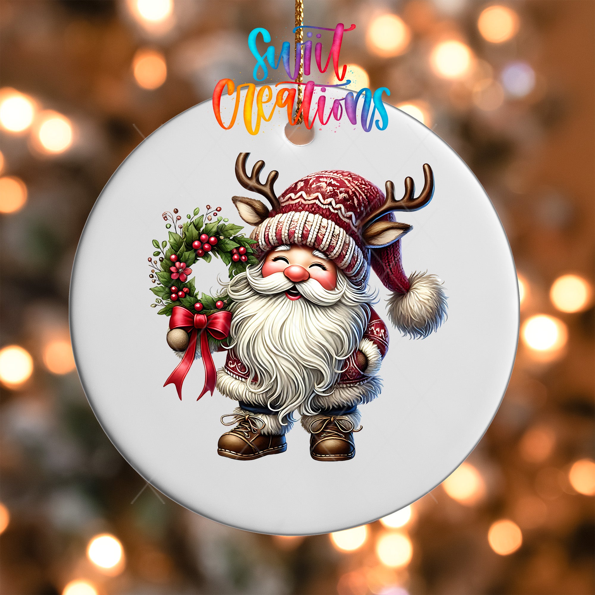 Santa Claus ornament with a wreath and antlers