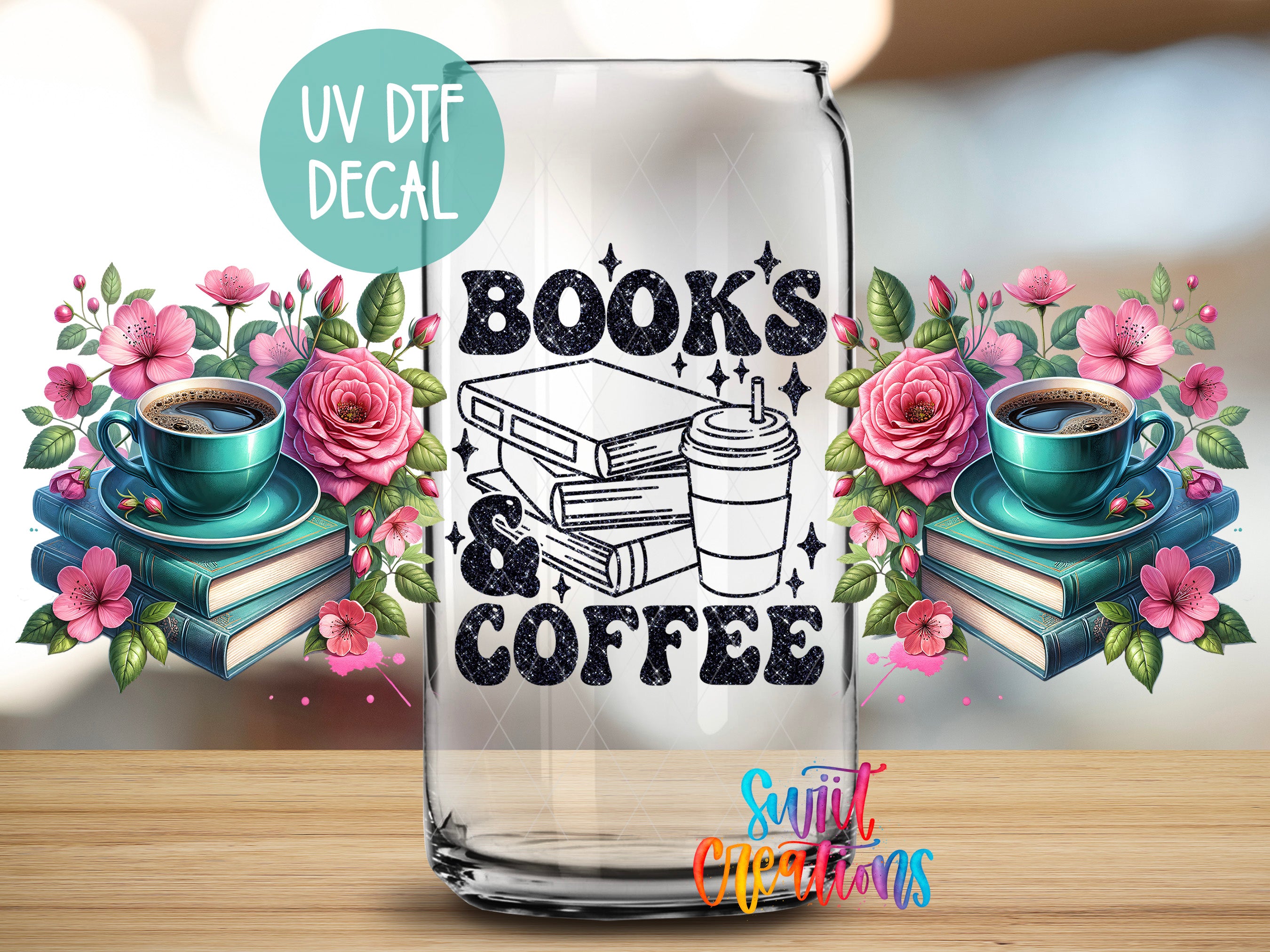 a glass jar with a design that says "BOOKS & COFFEE" on it, surrounded by flowers and books.