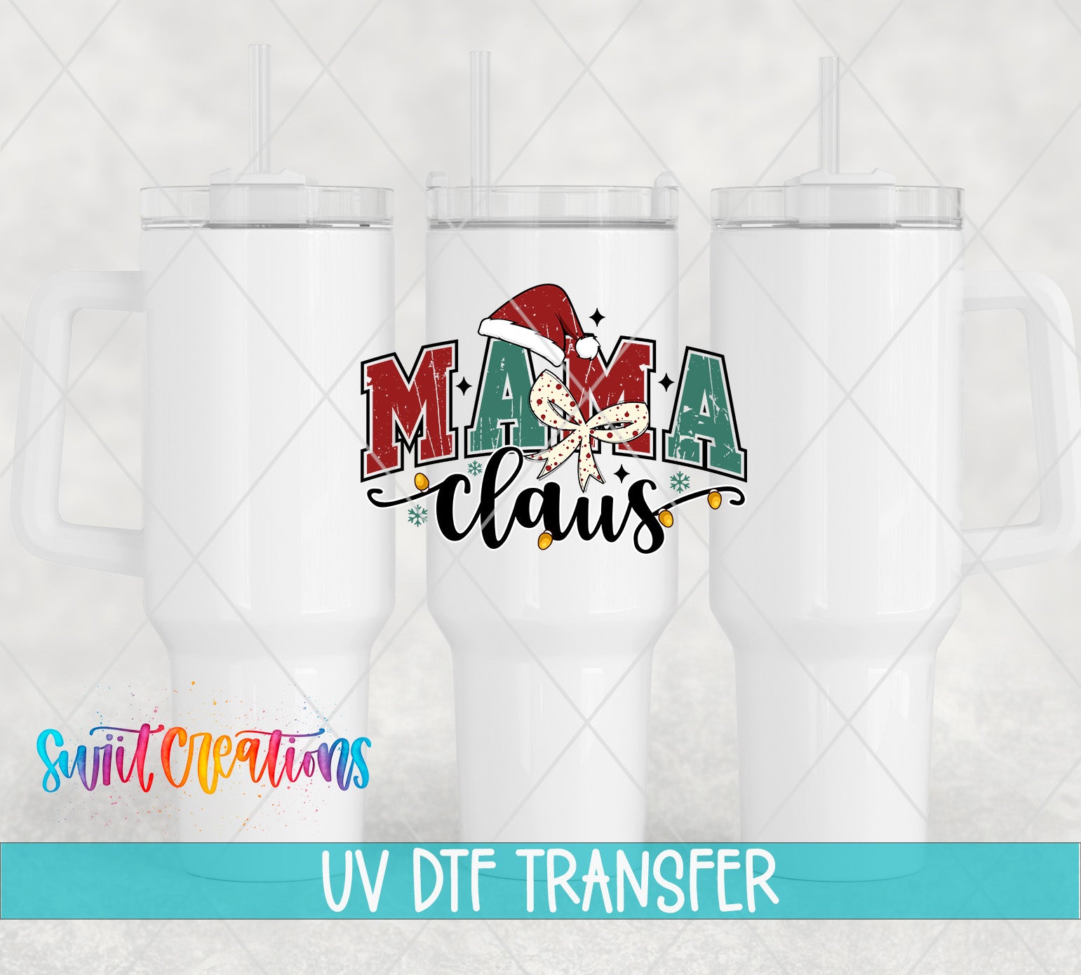 three white tumblers with a colorful design and text that reads "MAMA CLUBS" and "UV Dtf Transfer".