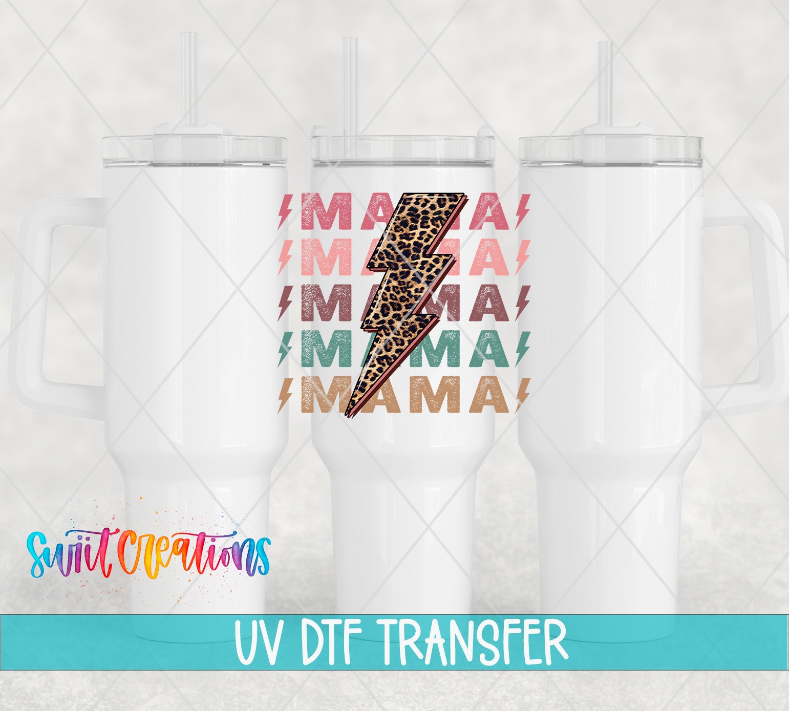 three white tumblers with a leopard print design and a textured lightning bolt pattern.