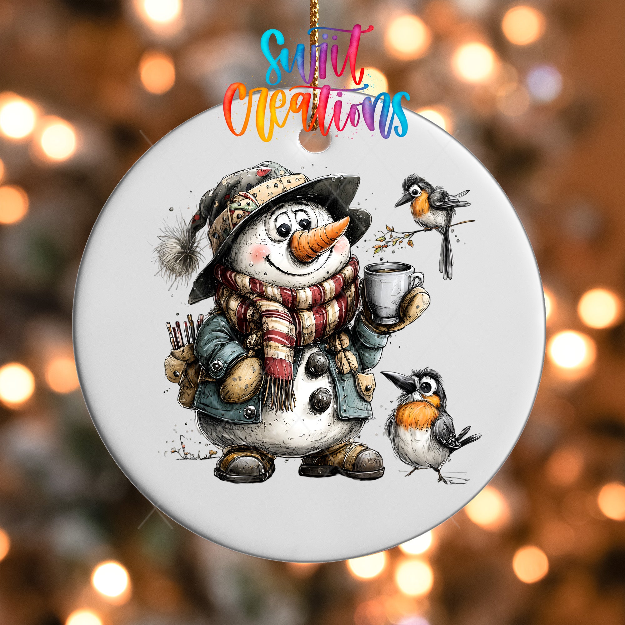 A snowman ornament with a bird perched on its shoulder, holding a cup, and a small bird nearby, all set against a blurred background with twinkling lights.
