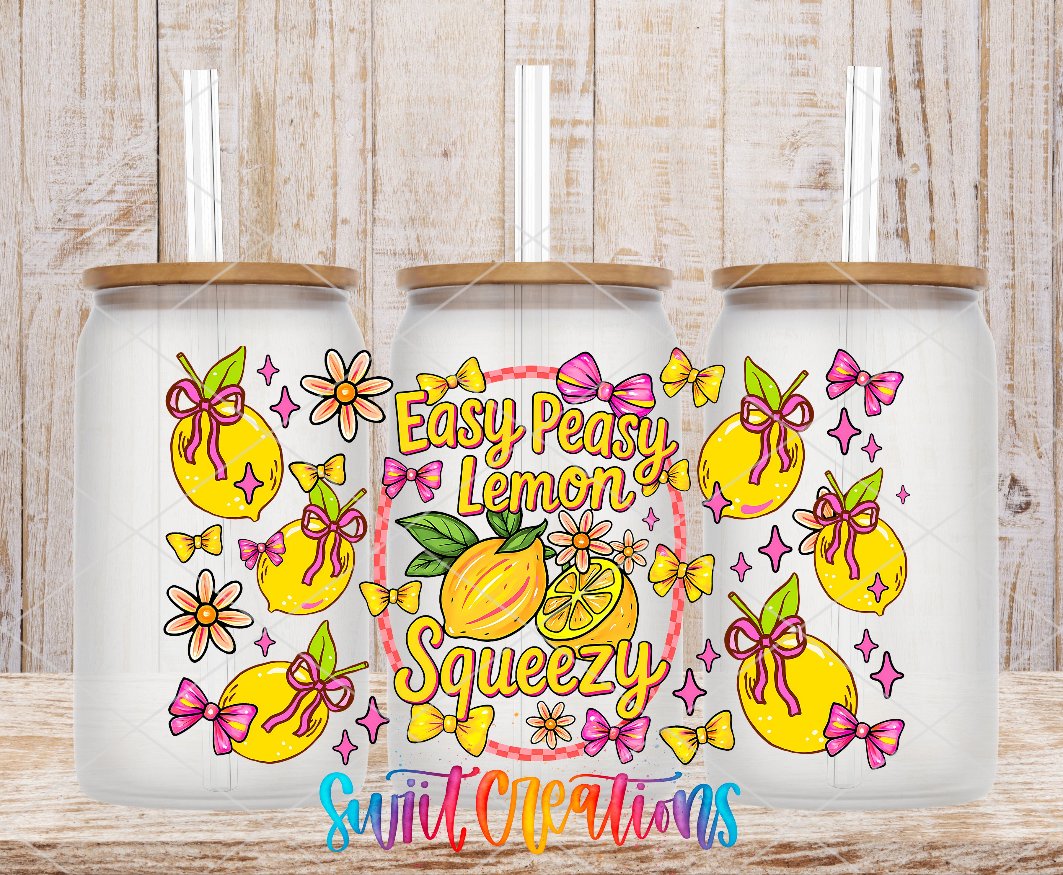 three glass jars with a lemon theme, each with a lid and straw. The jars are decorated with illustrations of lemons, flowers, and bows, creating a vibrant and playful design.