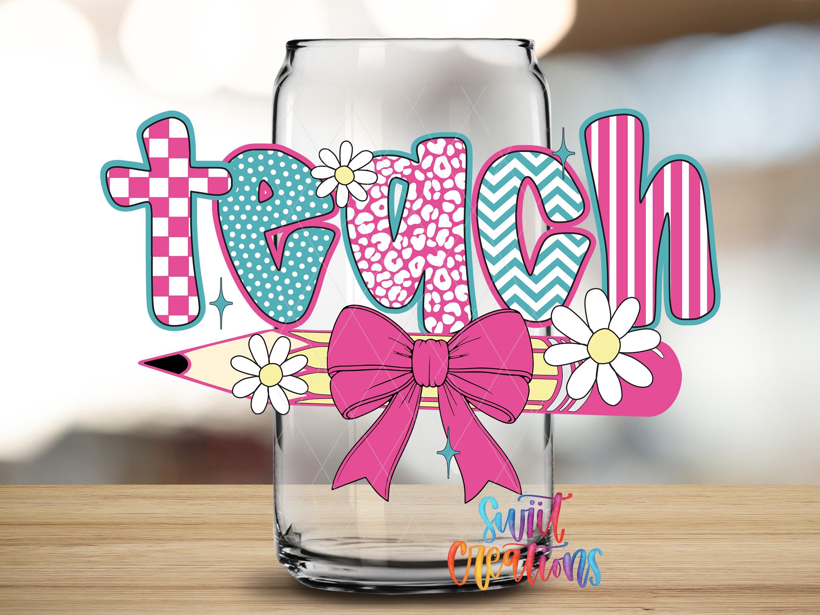 A glass jar with the word "teach" written on it, surrounded by colorful and whimsical illustrations such as flowers, a pencil, and a bow.