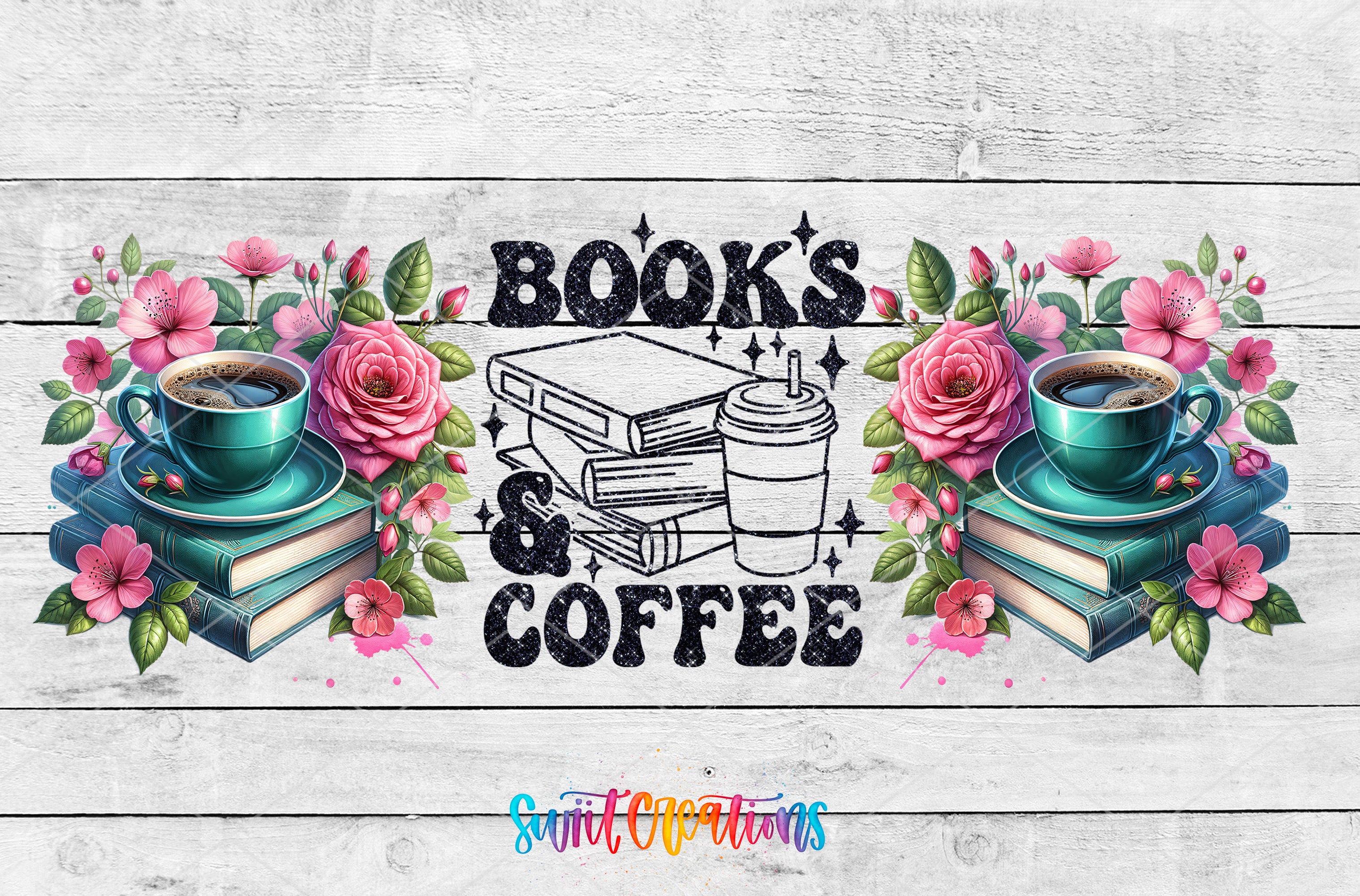 a colorful and whimsical design with the text "BOOKS & COFFEE" prominently displayed. The design includes illustrations of books, flowers, and coffee cups, creating a cozy and inviting atmosphere.