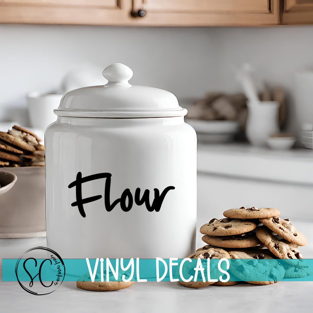 a cookie jar sitting on a kitchen counter with cookies in front of it