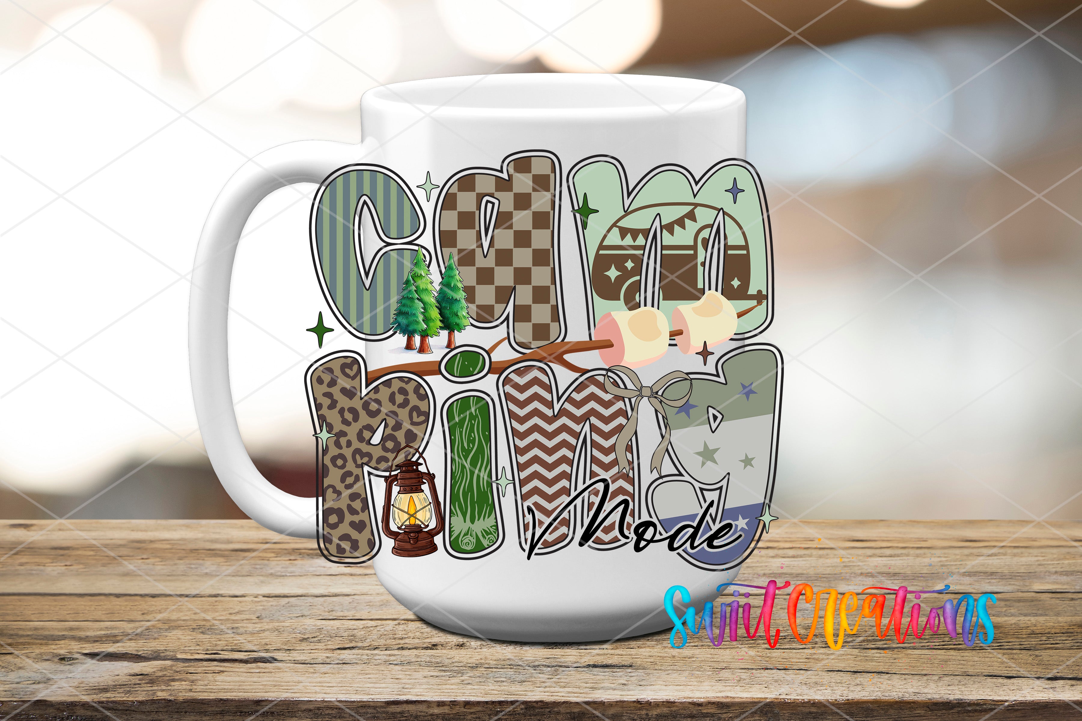 A white mug with the word "Camping" written on it in a colorful, stylized font.