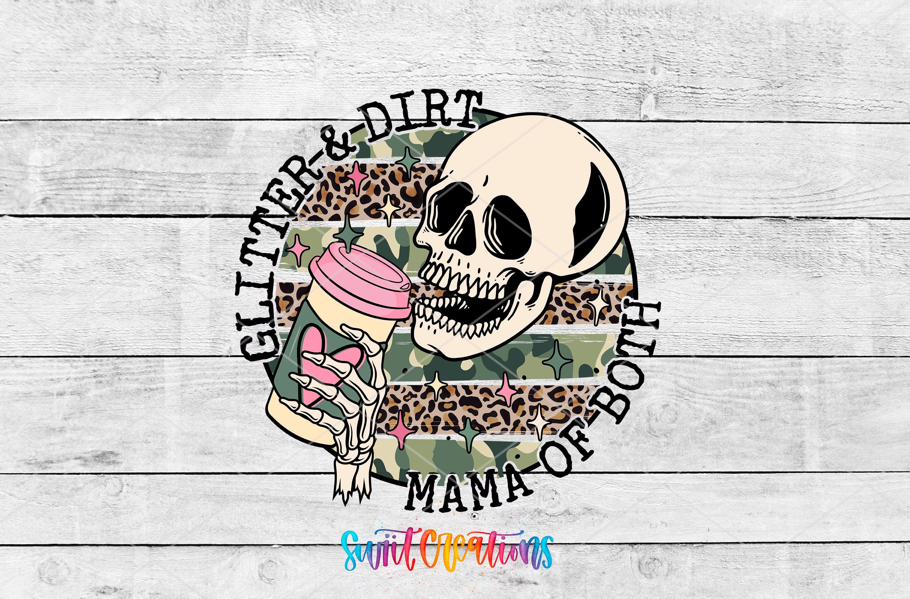 A stylized graphic design featuring a skull holding a coffee cup, with the text "GITTER & DIR" and "MAMA OF BOTH" surrounding the skull.