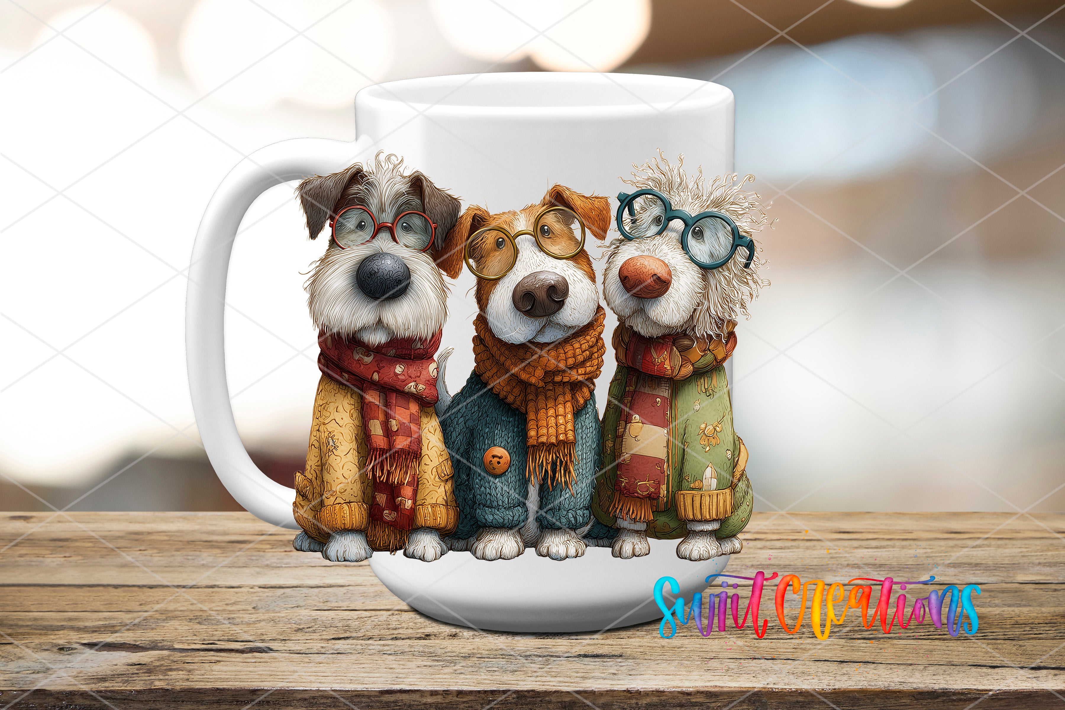 A white mug with a whimsical illustration of three dogs wearing colorful scarves and glasses, sitting together.