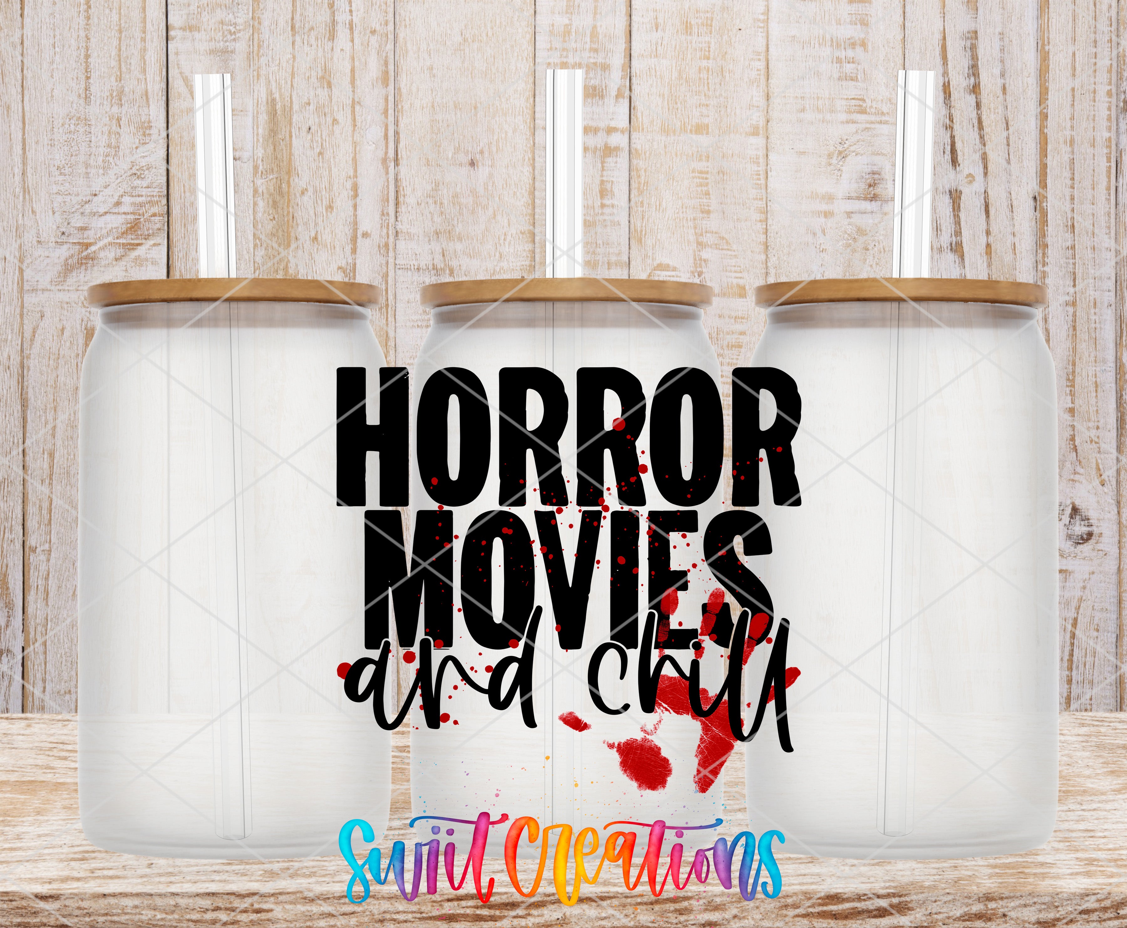 three glass jars with lids, each containing a straw, and the text "HORROR MOVIES AND A CHILL" written on them.