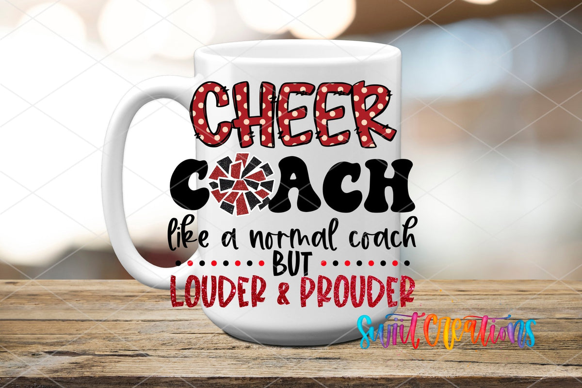 Swiit Creations UV DTF Loud Cheer Coach transfer applied to a white ceramic mug