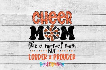 Cheer Mom Orange Louder and Prouder UV DTF transfer shown as a full artwork preview from Swiit Creations
