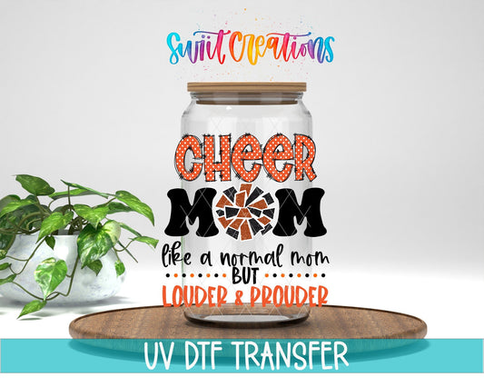 Cheer Mom Orange Louder and Prouder UV DTF transfer displayed on a clear jar mockup from Swiit Creations