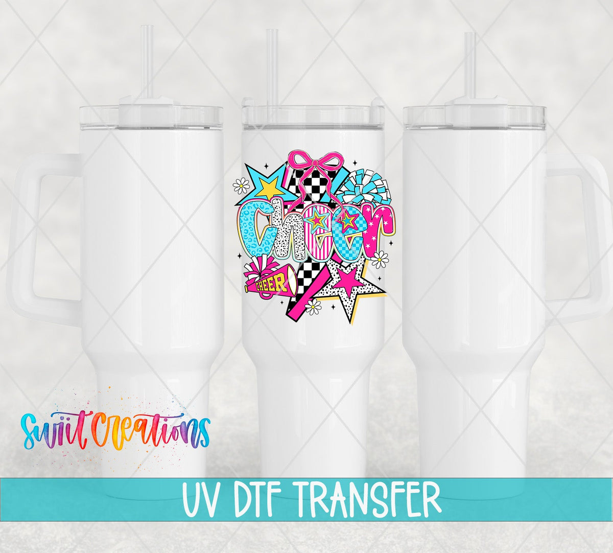 Cheer UV DTF transfer applied to a white tumbler set from Swiit Creations