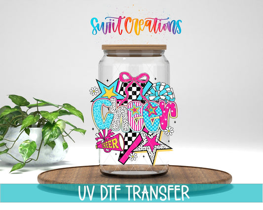 Cheer UV DTF transfer displayed on a clear jar mockup from Swiit Creations