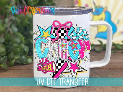 Cheer UV DTF transfer displayed on a white coffee mug from Swiit Creations