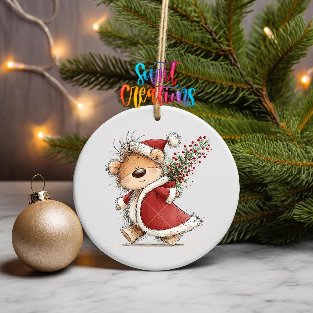 Christmas Berry Sack Teddy Bear Ornament UV DTF Transfer | Santa Bear Carrying Festive Greenery | O-2175 - Swiit Creations