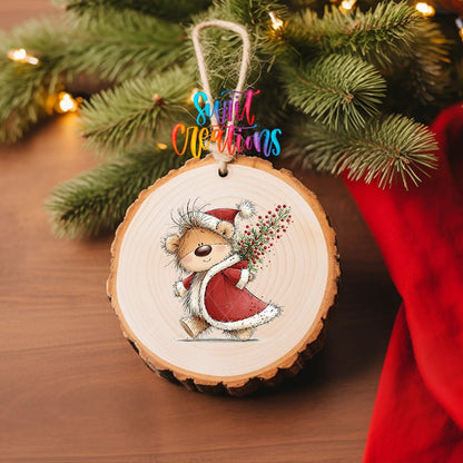 Christmas Berry Sack Teddy Bear Ornament UV DTF Transfer | Santa Bear Carrying Festive Greenery | O-2175 - Swiit Creations